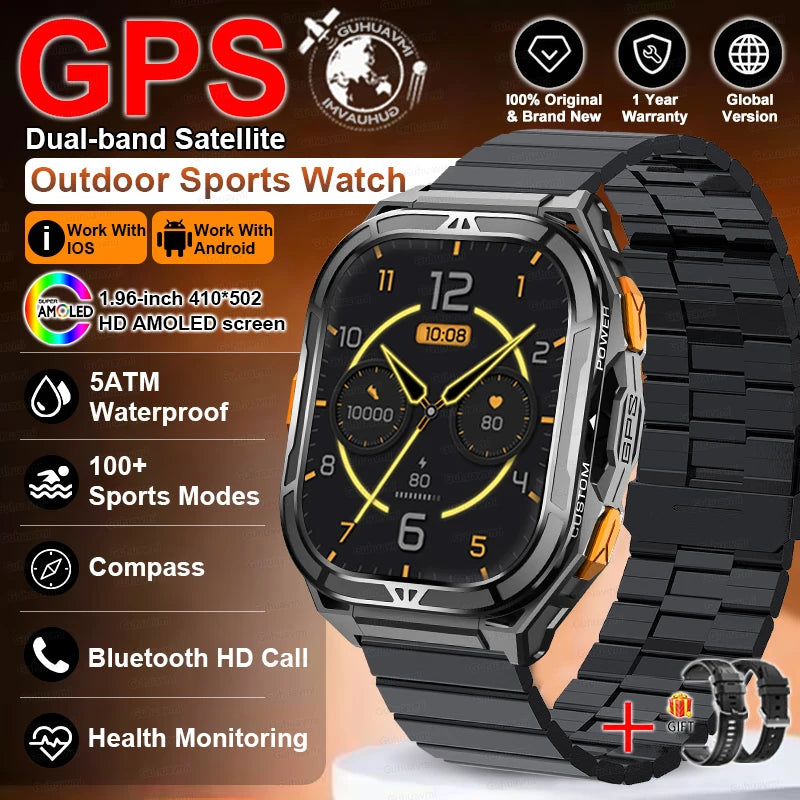 Smartwatch with black metal band on a brown background with product features listed.