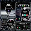 Smartwatch with various features including AI voice assistant, Bluetooth calling, message alert, and call answering on a dark background.