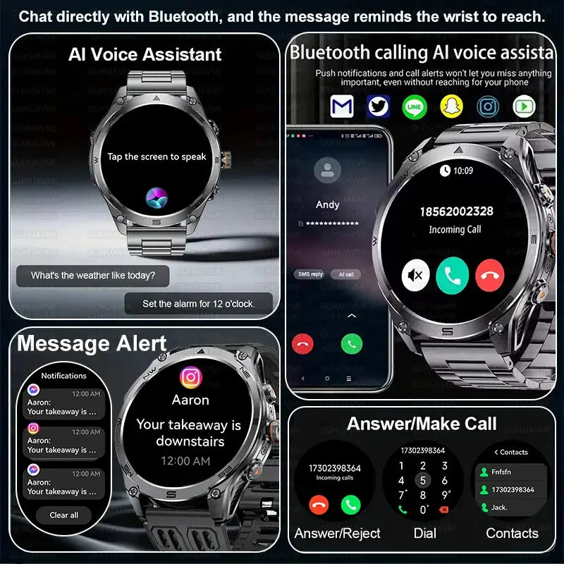 Smartwatch with various features including AI voice assistant, Bluetooth calling, message alert, and call answering on a dark background.