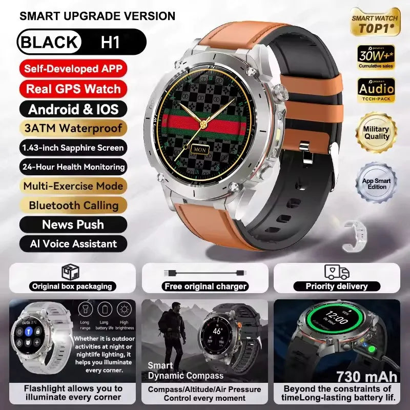 Smartwatch with features listed on a promotional graphic