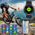 Man cycling outdoors using ultra GPS smartwatch with workout tracking, heart rate display, navigation map, and multiple sports modes for fitness and adventure
