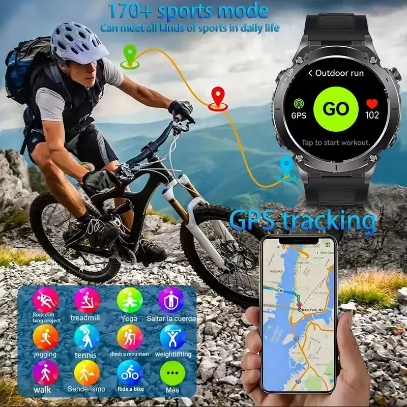 Man cycling outdoors using ultra GPS smartwatch with workout tracking, heart rate display, navigation map, and multiple sports modes for fitness and adventure
