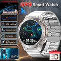 Silver GPS smartwatch with features displayed on a dark background
