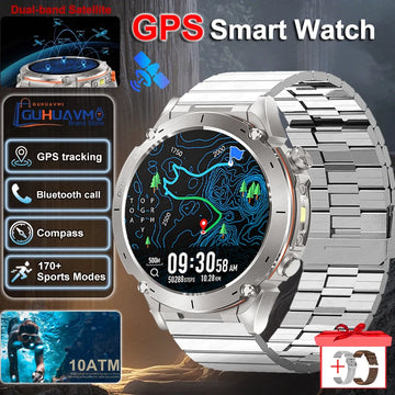 Silver GPS smartwatch with features displayed on a dark background