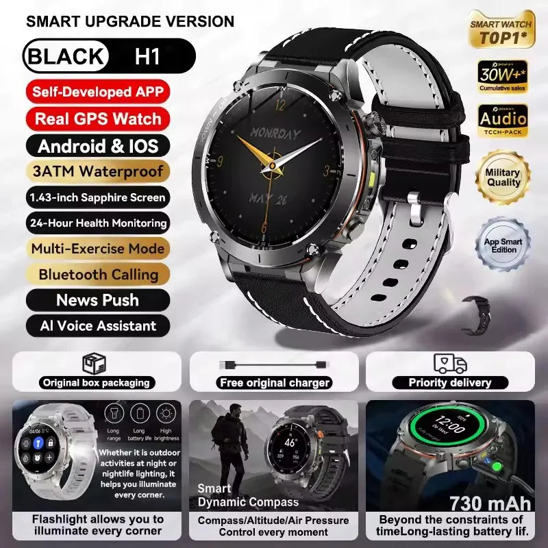 Smartwatch with black and silver design on a white background