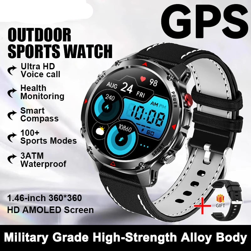 Smartwatch with features listed on a white background.