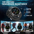 Ultra military GPS smartwatch underwater with 10ATM waterproof rating, showing fitness data, altitude tracking, compass navigation, and rugged outdoor adventure design