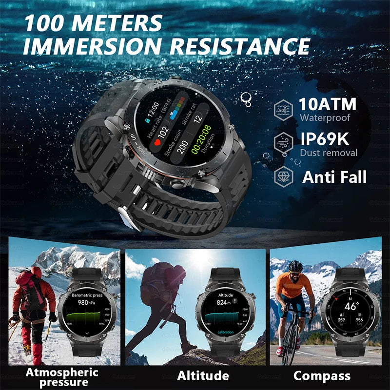 Ultra military GPS smartwatch underwater with 10ATM waterproof rating, showing fitness data, altitude tracking, compass navigation, and rugged outdoor adventure design