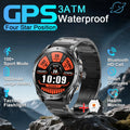 GPS watch with mountainous background and feature highlights.