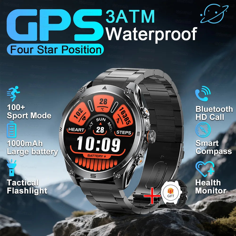 GPS watch with mountainous background and feature highlights.
