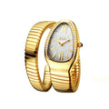 Unique snake gold shape watch for women with full gold expandable bracelet, white dial, Roman numerals, diamond accents, and elegant luxury design on a white background