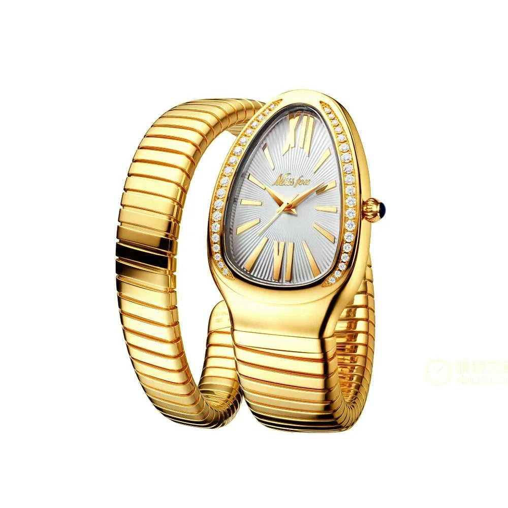 Unique snake gold shape watch for women with full gold expandable bracelet, white dial, Roman numerals, diamond accents, and elegant luxury design on a white background