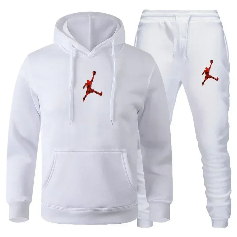 White hoodie and pants set with red logo on a white background