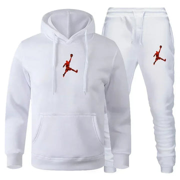 White hoodie and pants set with red logo on a white background
