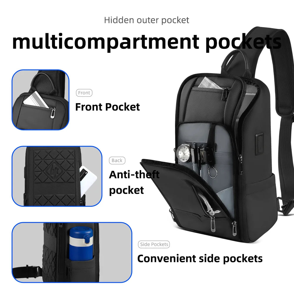 Versatile Men’s Crossbody Bag Anti-Theft Waterproof USB Sling on a white background