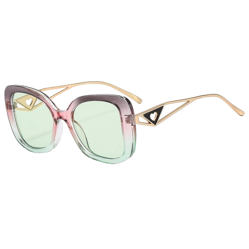 Sunglasses with pink and gold frame and green lenses on a white background
