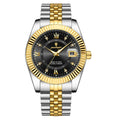 Waterproof men's stainless steel wristwatch with a gold-tone casing, featuring a round dial with luminous hands, a date display, and a stainless steel band.