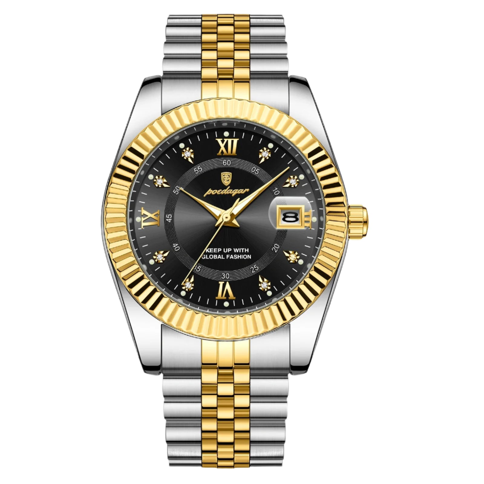 Waterproof men's stainless steel wristwatch with a gold-tone casing, featuring a round dial with luminous hands, a date display, and a stainless steel band.