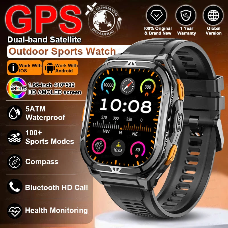 Outdoor sports watch with GPS and multiple features on a brown background