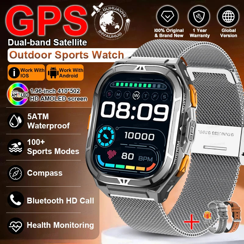 Outdoor sports watch with GPS and multiple features on a brown background