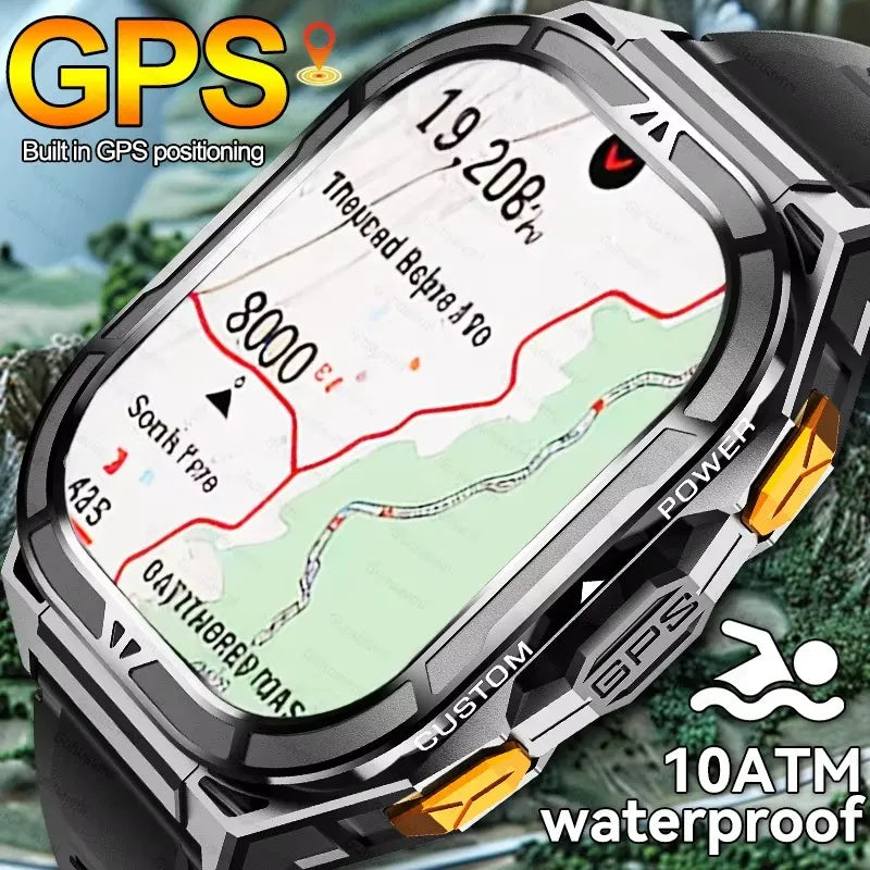 GPS watch with map display and outdoor scenery
