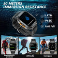 Smartwatch with water resistance features and outdoor activities shown on screens