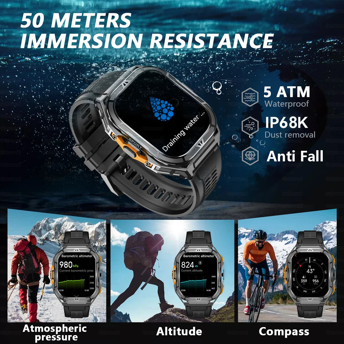 Smartwatch with water resistance features and outdoor activities shown on screens
