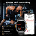 Smartwatch with health monitoring features displayed on a phone screen, with a person exercising in the background.