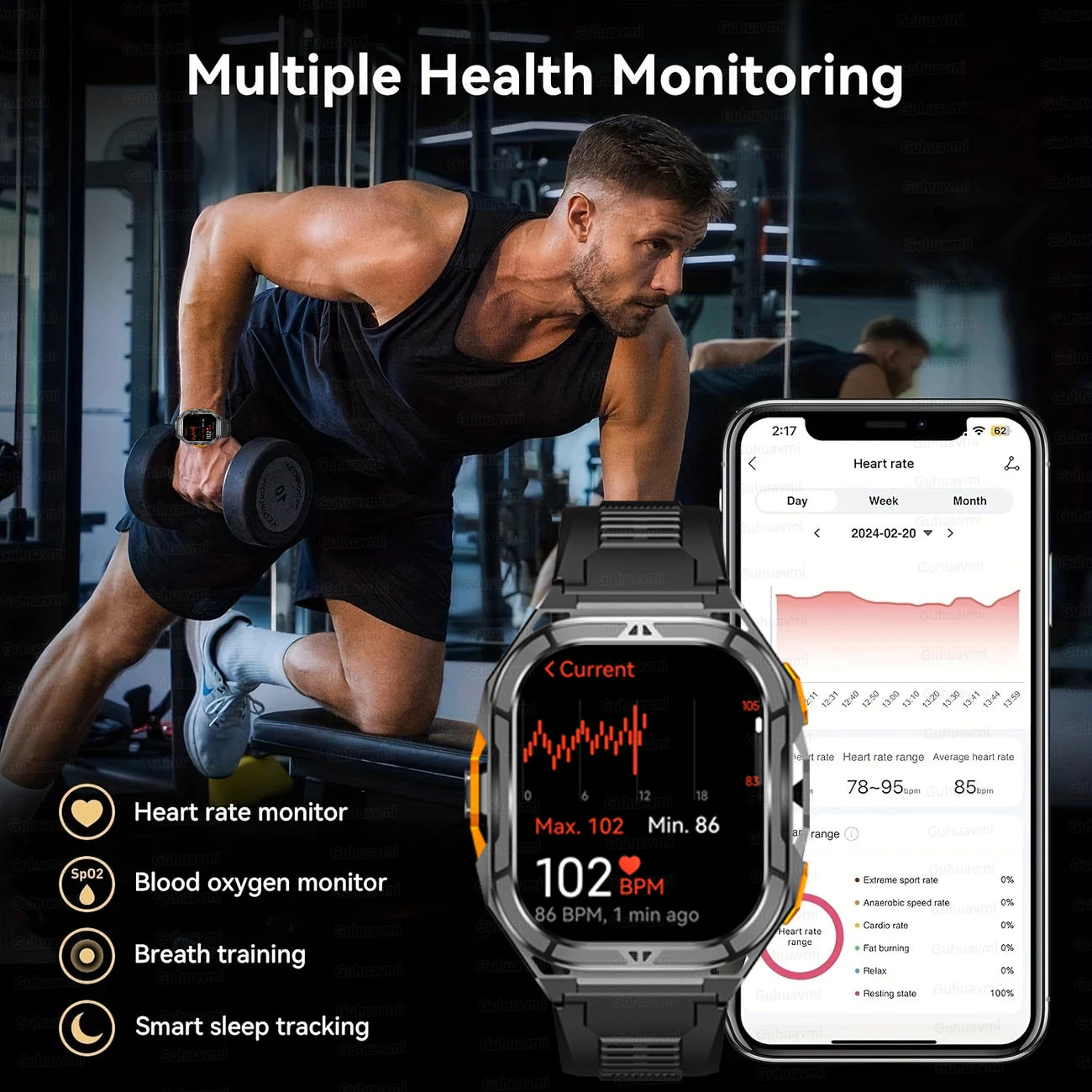 Smartwatch with health monitoring features displayed on a phone screen, with a person exercising in the background.