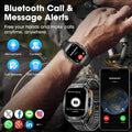 Smartwatch on a wrist with phone app interface, Bluetooth call and message alerts text, and social media icons.