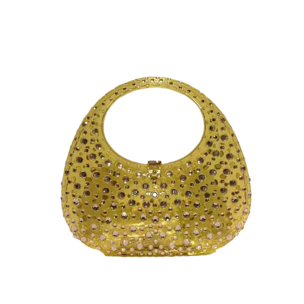 Yellow handbag with rhinestone embellishments on a white background