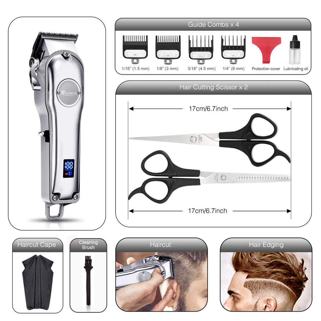 3-in-1 Men's Hair Trimmer: IPX7 Waterproof Beard Trimmer Grooming Kit with Cordless Hair Clipper for Women & Children. Features LED Display and USB Rechargeable