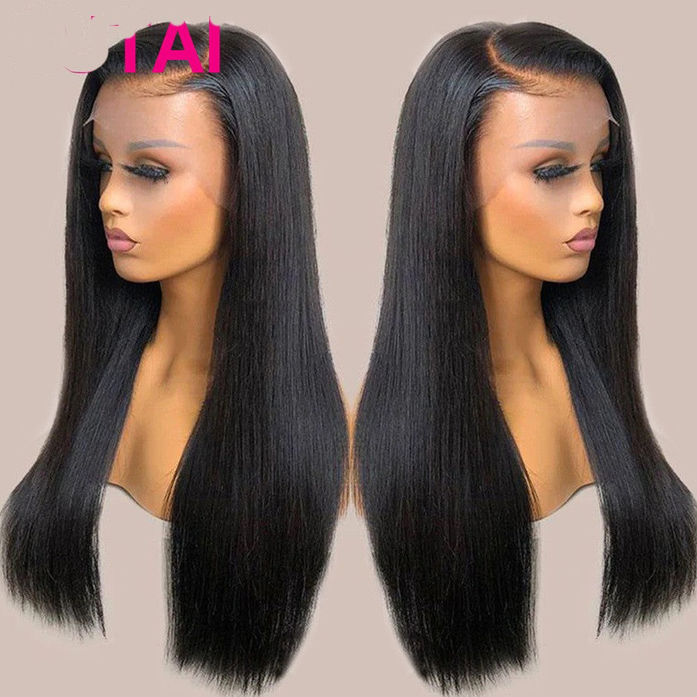 Real Human Hair Lace Wig Set: Straight Hair, Black, Medium Length