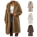 Brown fur coat worn by a person with additional coats displayed below on a white background