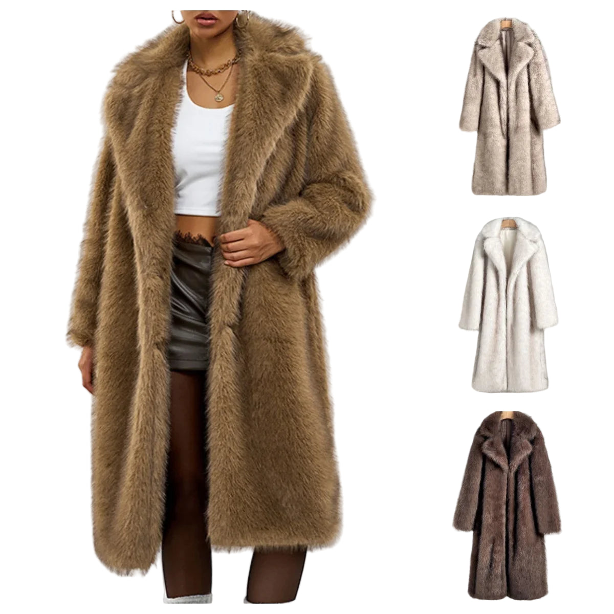 Brown fur coat worn by a person with additional coats displayed below on a white background