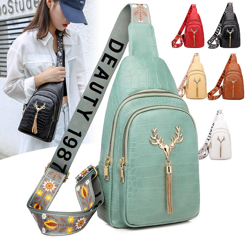 Deer Tassel Design Crossbody Bag: Fashionable Letter Embroidery Chest Bag for Women