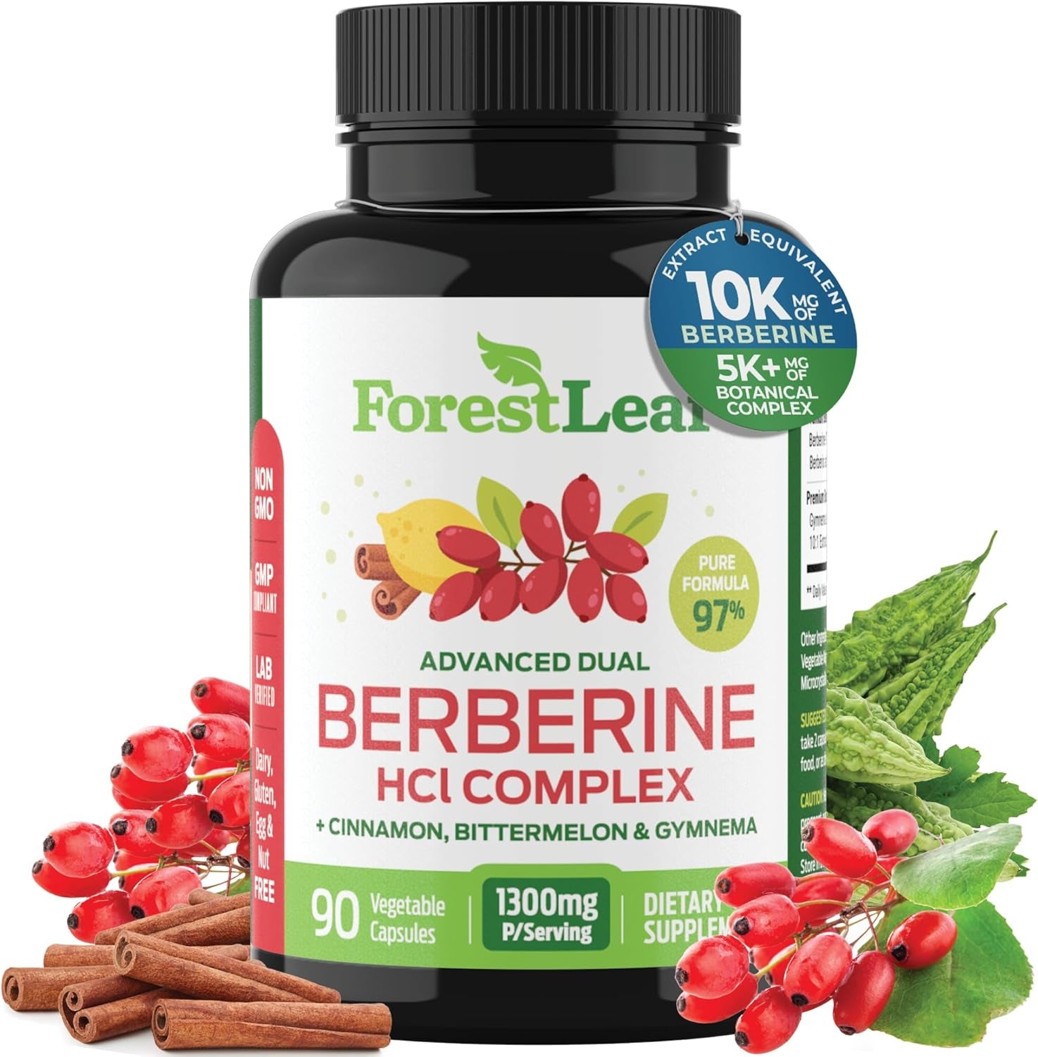 Berberine Supplement 1300Mg per Serving- 97% Tested Ultra High Potency Berberine Hcl with Ceylon Cinnamon, Bitter Melon & Gymnema, 10:1 Extract Berberis Supplements, Weight Management, 90 Veggie Caps