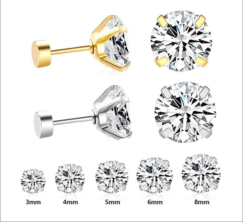 1 Pair/2 Pcs Stainless Steel Crystal Stud Earrings for Women and Men with 4 Prong Tragus Round Clear Cubic Zirconia - Elegant Ear Jewelry