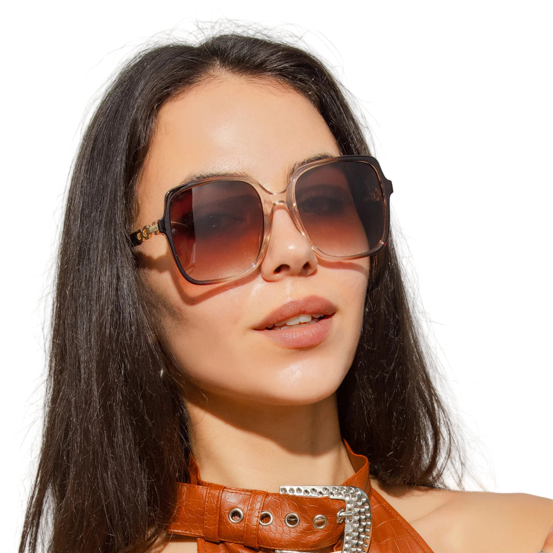 Woman wearing purple sunglasses with a white background