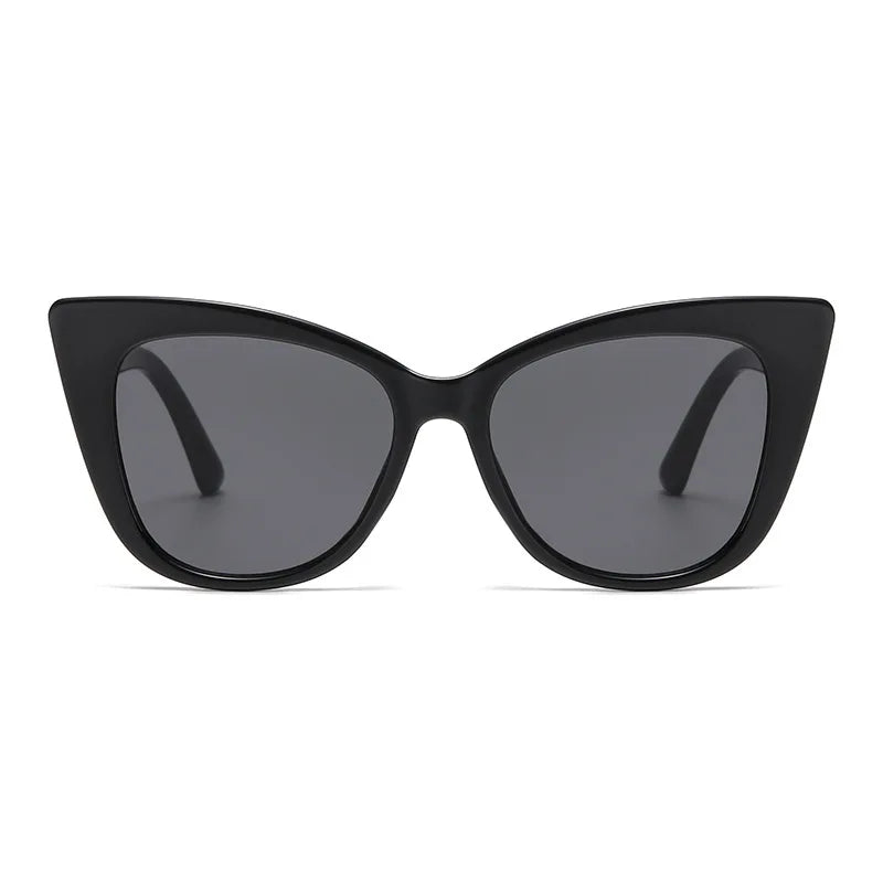 Black cat-eye sunglasses with dark lenses on a white background