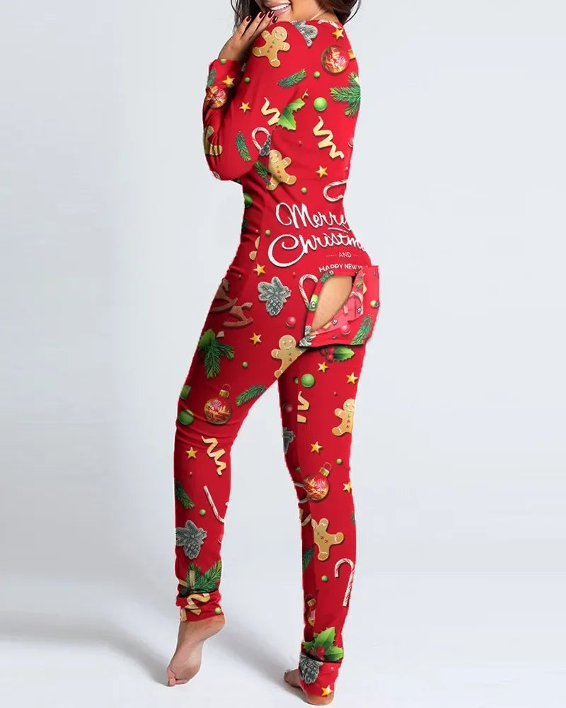 women's sexy button-down christmas jumpsuit with cozy loungewear fit and playful bum flap design