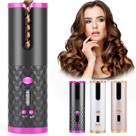 Rechargeable Automatic Hair Curler for Women: Portable Hair Curling Iron with LCD Display, Ceramic Curly Rotating Curling Wave Styler