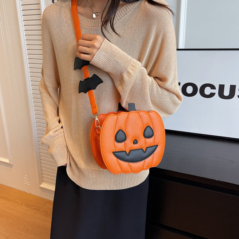 2024 Halloween Bags: Funny Pumpkin Cartoon Shoulder Crossbody Bag with Bat - Personalized Creative Female Bag