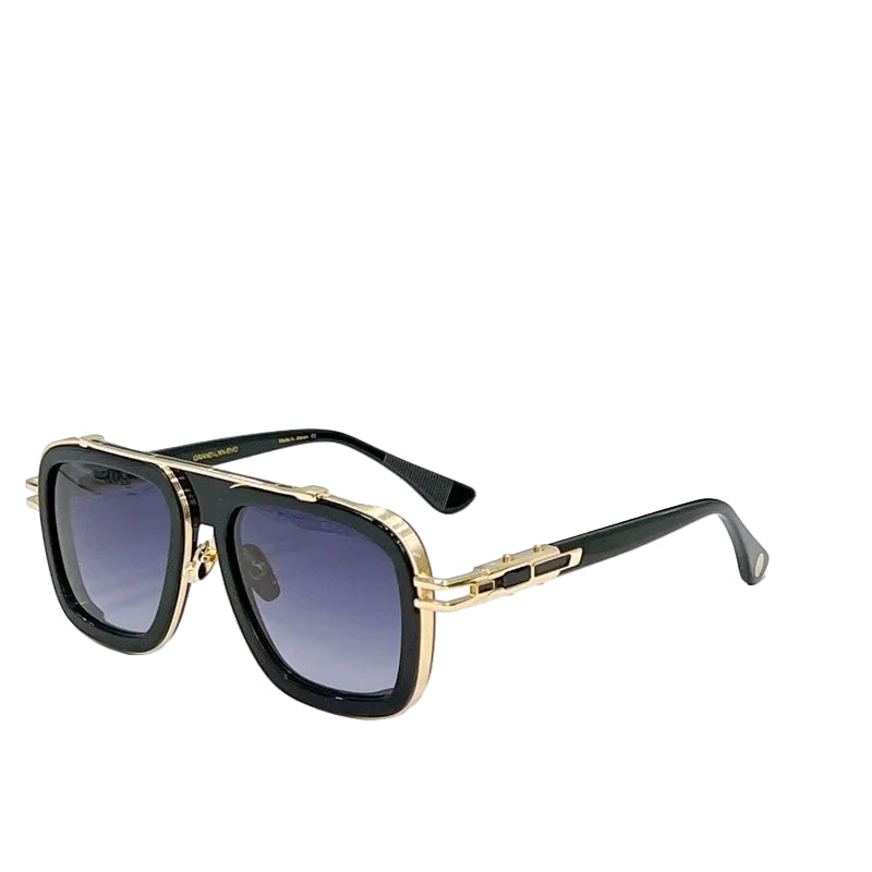 Sunglasses with black and gold frame on a white background