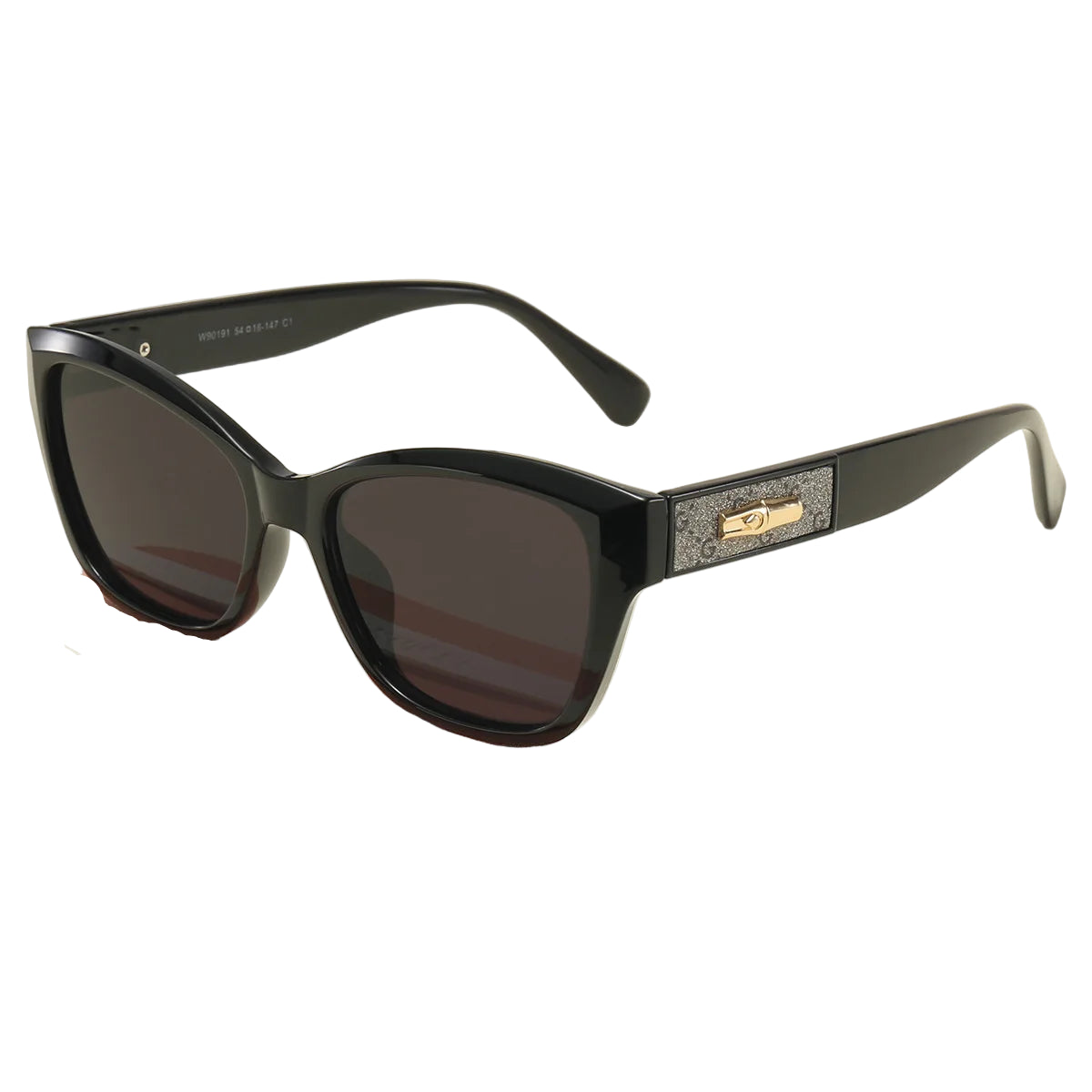 Black sunglasses with a gold logo on a beige background