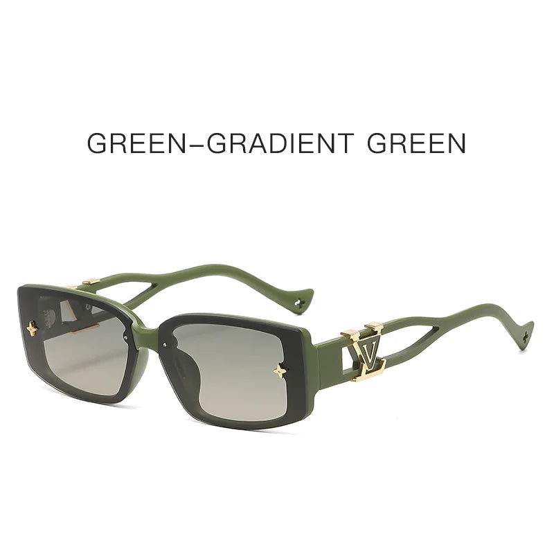 Green gradient green sunglasses with gold accents on a white background