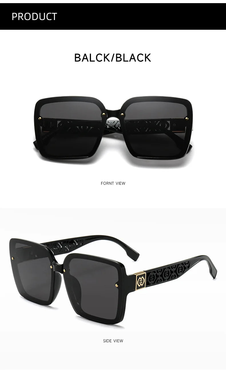 Black sunglasses shown from front and side views on a white background