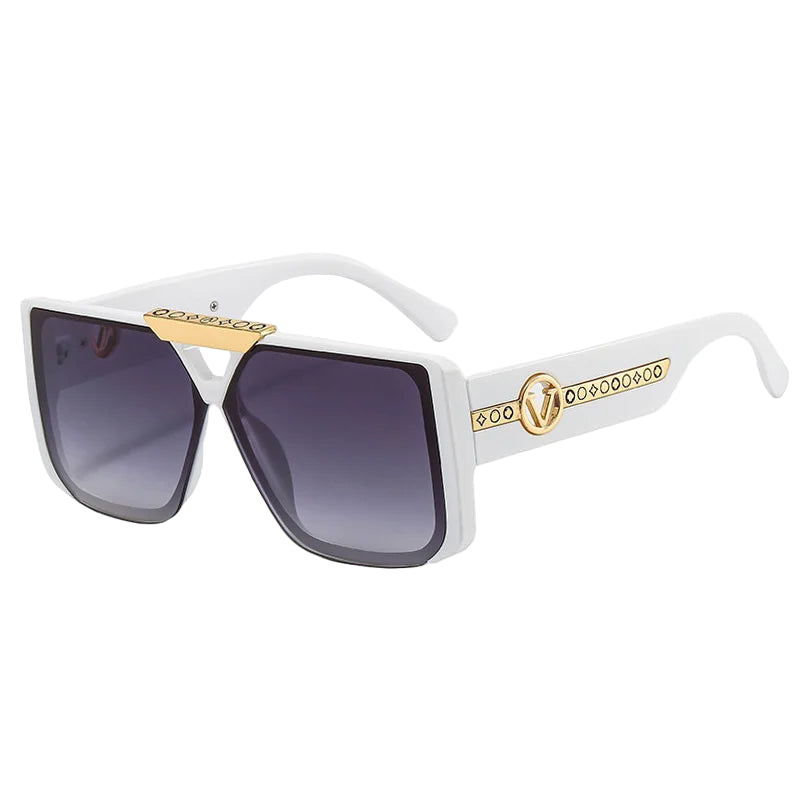 White sunglasses with gold accents on a white background