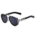 Sunglasses with black lenses and silver frame on a white background