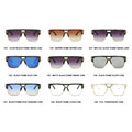 Various sunglasses with different frame colors and lens types on a white background